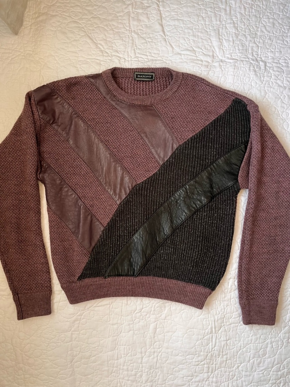 Vintage 80s Saxony Wool Leather Purple Black and Gray Paneled Crew Neck Sweater